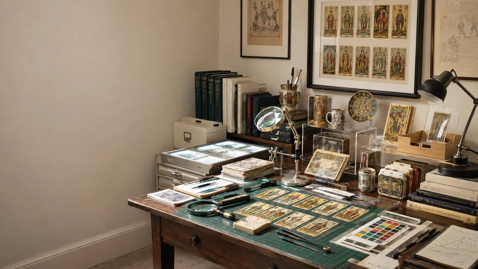A tarot workroom arranged with cards, books, tools and display objects.